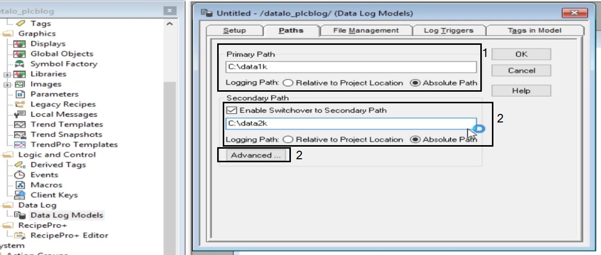 how to Set up log paths in FactoryTalk view data log model